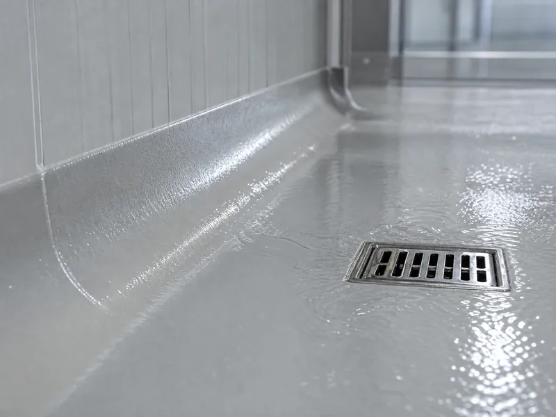 Coved floor-to-wall joint and drain in a washed-down coolroom