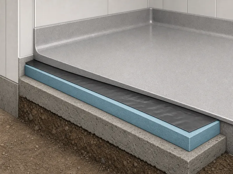 Cross-section of an insulated coolroom floor build-up over a concrete slab
