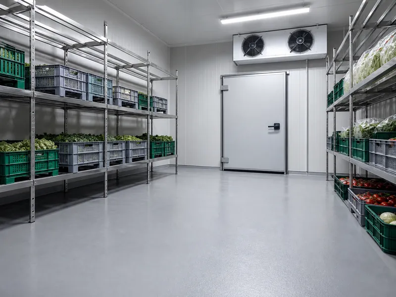 Home 57 Seamless polyurethane floor in a walk-in coolroom with stainless shelving
