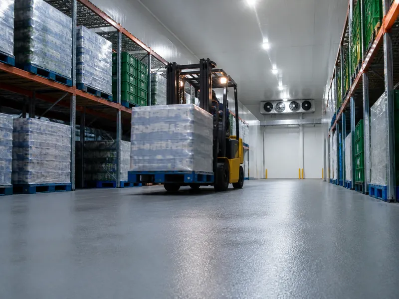 Forklift on a heavy-duty coolroom floor rated for pallet traffic