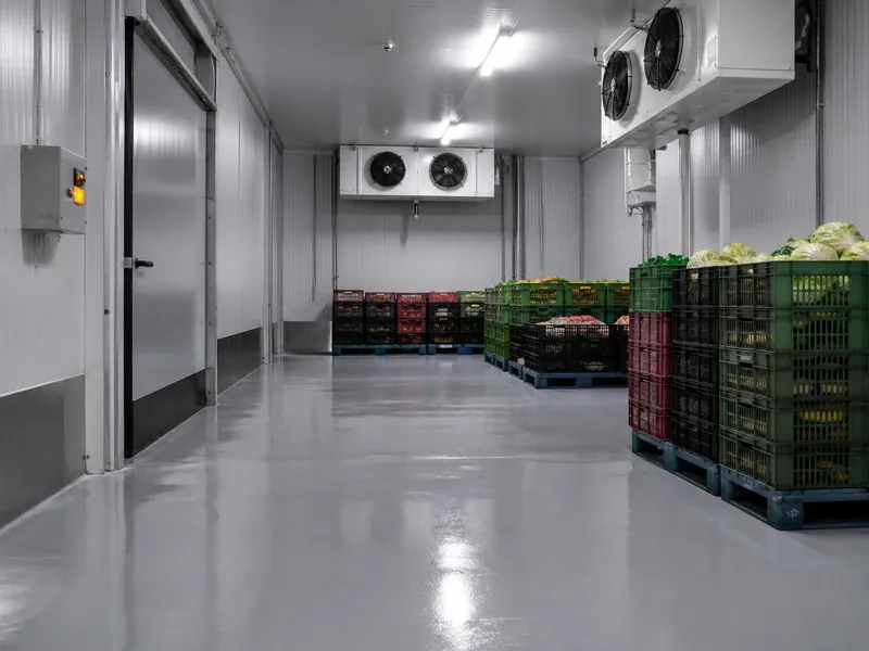 Glossy resin coolroom floor in a food cold storage room with pallets