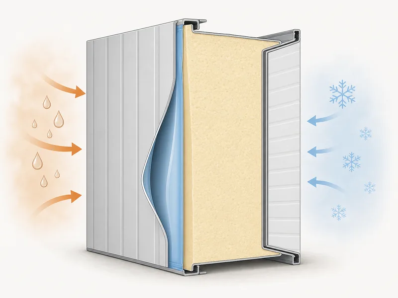 Cross-section of a coolroom panel showing insulation core and vapor barrier