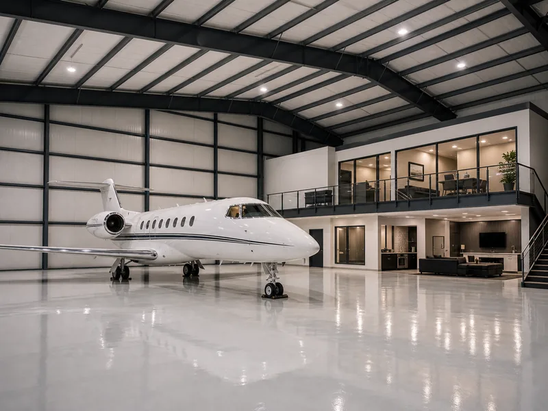 Avión ejecutivo estacionado dentro de un hangar corporativo terminado con techo alto