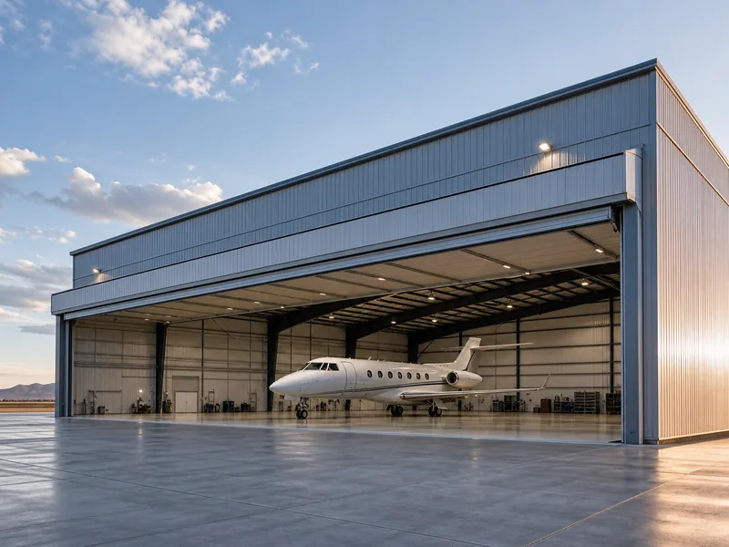 Full-width powered door on a large corporate steel hangar