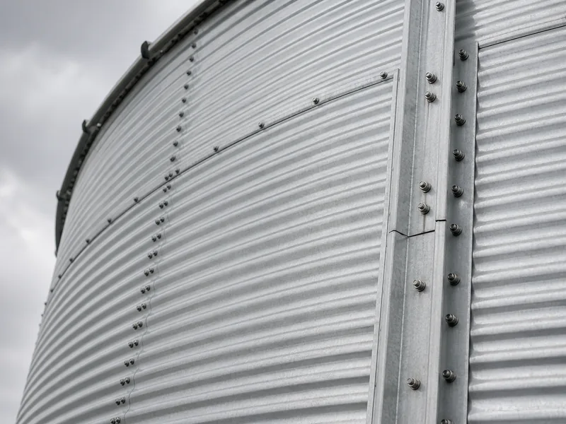 Corrugated galvanized steel silo wall bolted to vertical stiffeners