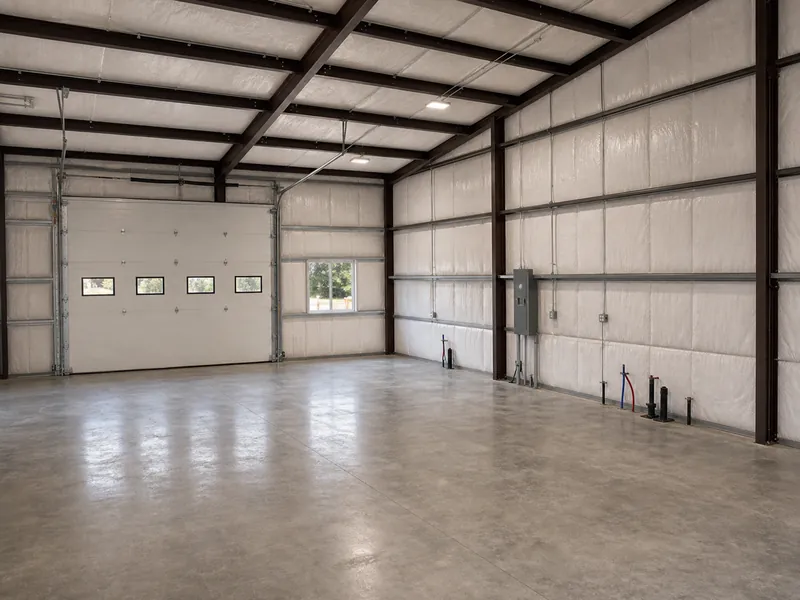 Interior de taller metálico aislado con piso de concreto y puerta superior