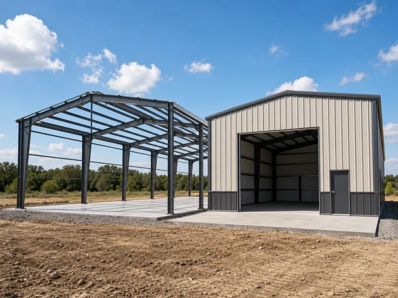 Armazón de taller de acero desnudo junto a una estructura exterior recubierta de metal ya terminada