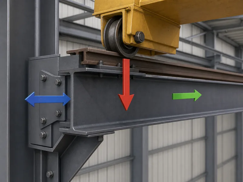 Crane runway beam carrying vertical, lateral, and longitudinal loads in steel building crane beam design