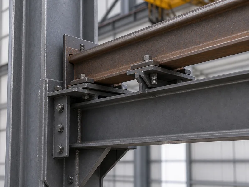 Crane rail clipped to a runway beam top flange with column bracket connection in crane beam design