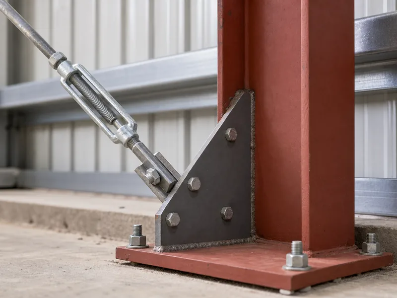 Gusset plate bolting a diagonal brace to a steel column base