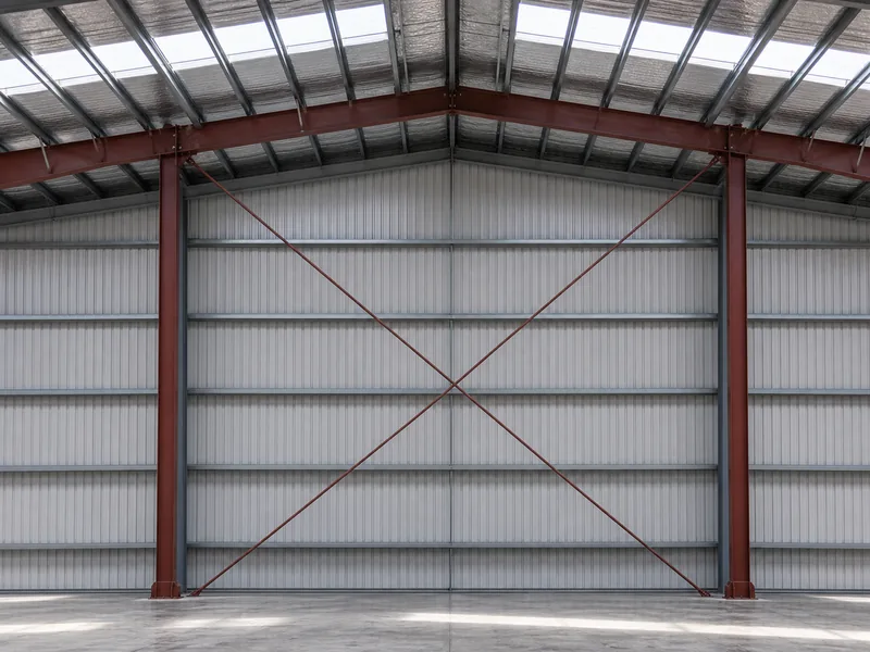 Home 57 Steel building end bay with X-shaped cross bracing between two columns