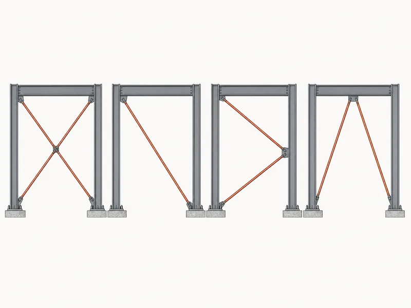 Bracing layouts compared: X, single diagonal, K, and chevron frames