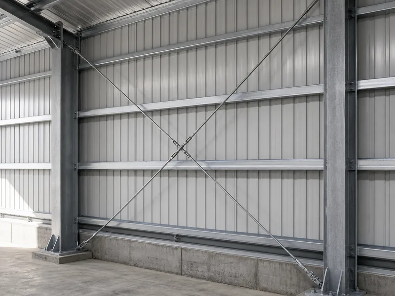 Rod cross bracing in a steel warehouse wall bay between two columns