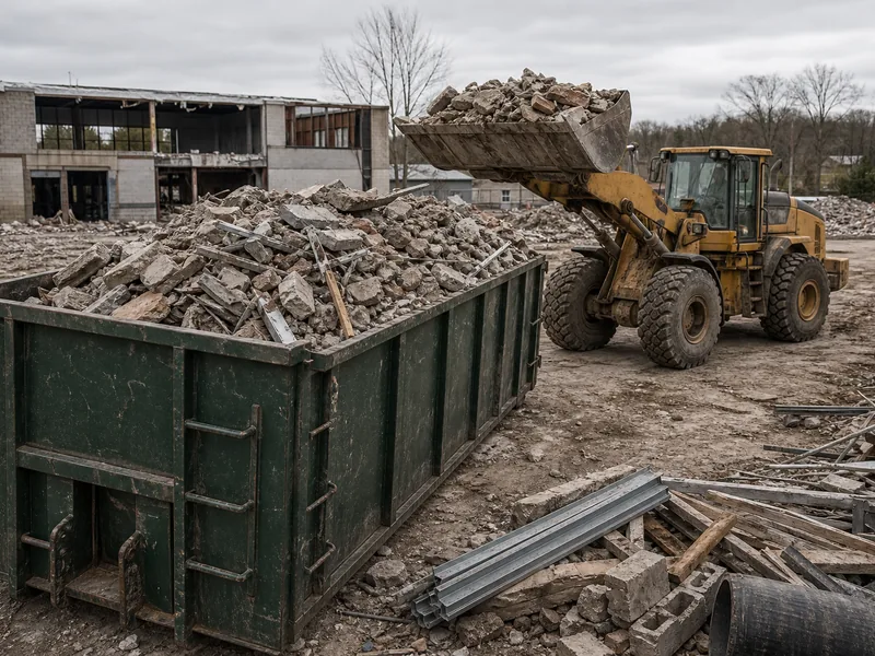 Roll-off container and loader at a demolition site