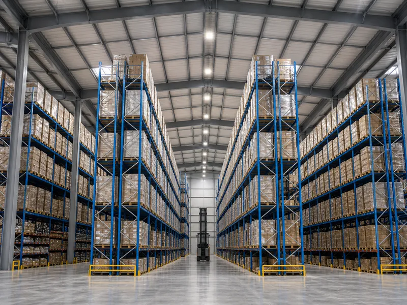 Estanterías de palets de alta estantería dentro de un centro de distribución sin columnas