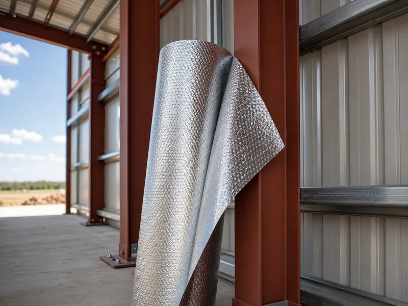 Home 57 Reflective double bubble foil roll beside a steel building frame and metal panels