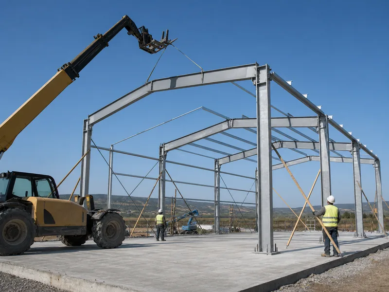 Crew erecting and plumbing a steel building primary frame with lifting equipment