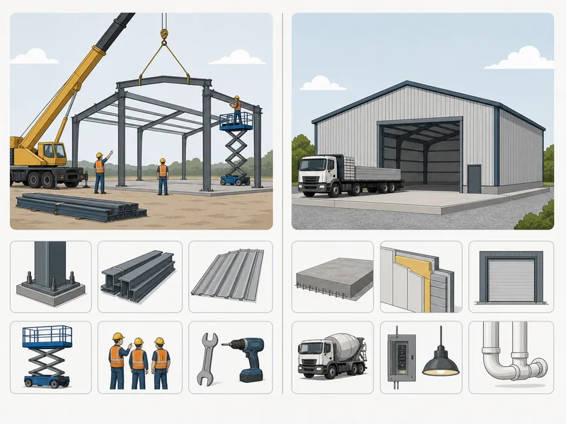 Two-column comparison of erection-only labor scope versus turnkey all-in scope for a metal building project budget 