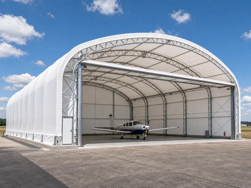 Hangar para aeronaves con membrana de tela tensada y armazón de acero curvado