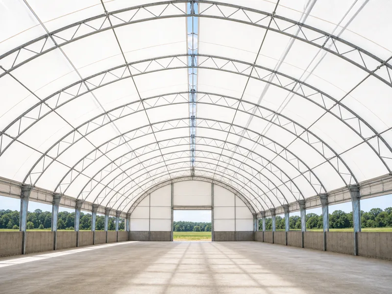 Daylight through a translucent fabric roof over a clear-span farm building