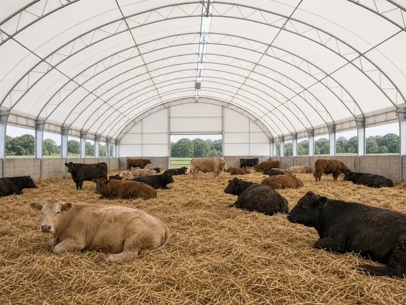 Cattle in the daylit, column-free interior of a fabric covered farm building