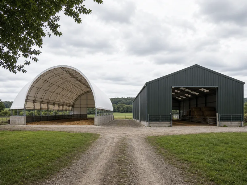 A fabric roofed barn beside a steel-clad farm building for comparison