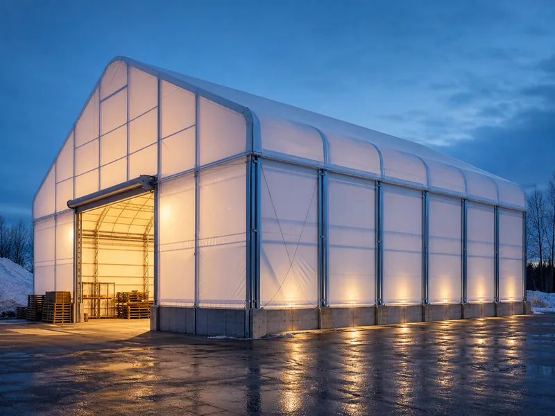 Tensioned-membrane fabric warehouse building on a steel frame at dusk