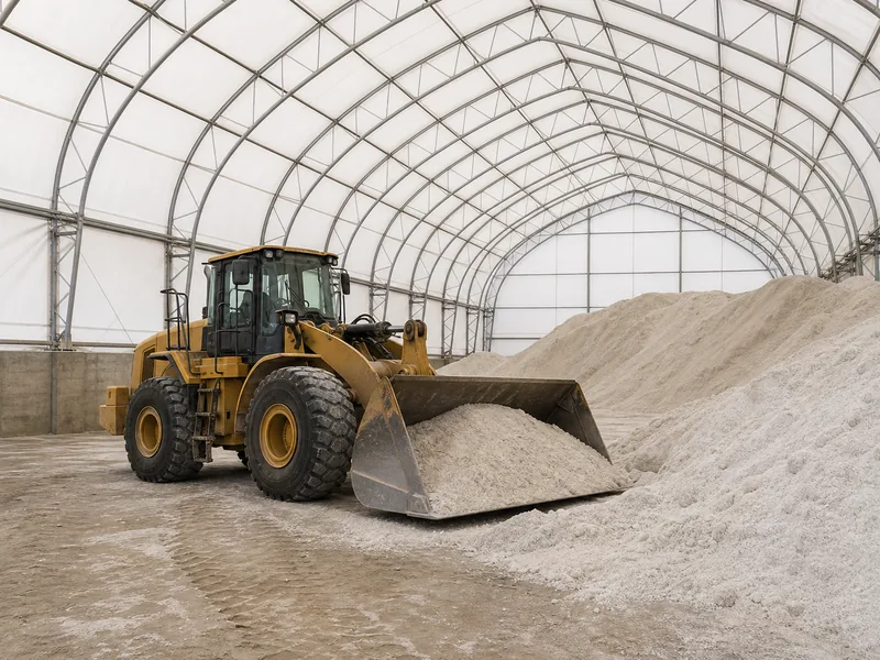 Wheel loader moving bulk aggregate inside a clear-span fabric building