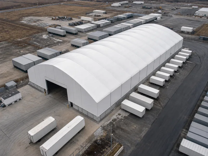 Aerial view of a wide clear-span fabric warehouse on an industrial site