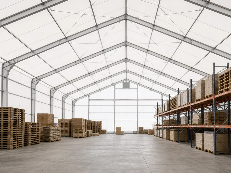 Translucent PVC membrane lighting a clear-span warehouse interior by day