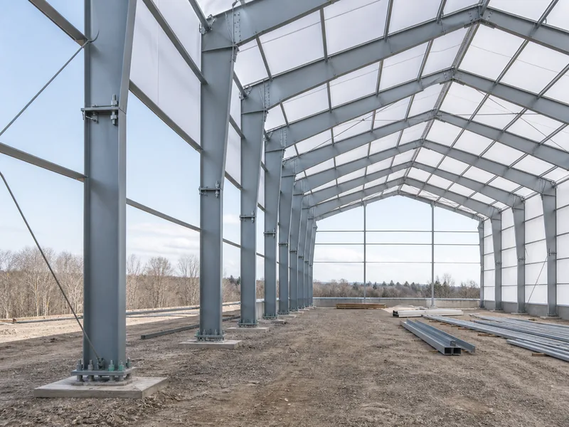 Structural steel I-beam frame inside a column-free fabric warehouse