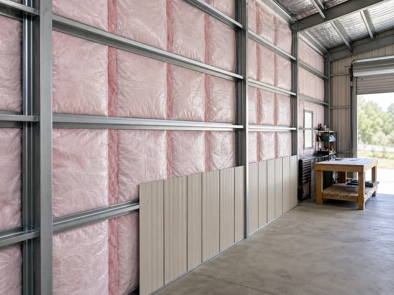 Faced fiberglass blanket fitted between girts on a metal workshop wall