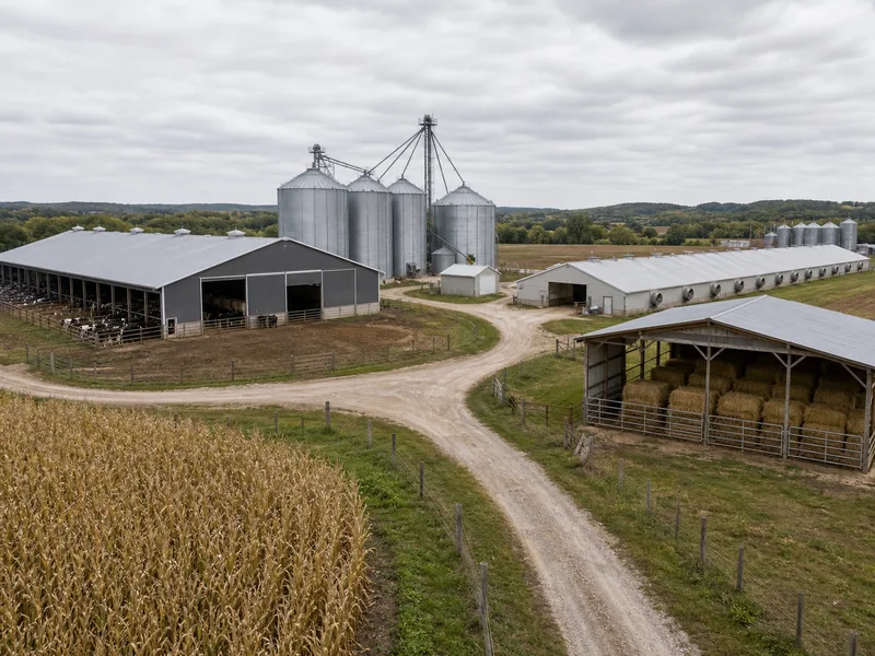 Different farm building types grouped across a farmstead