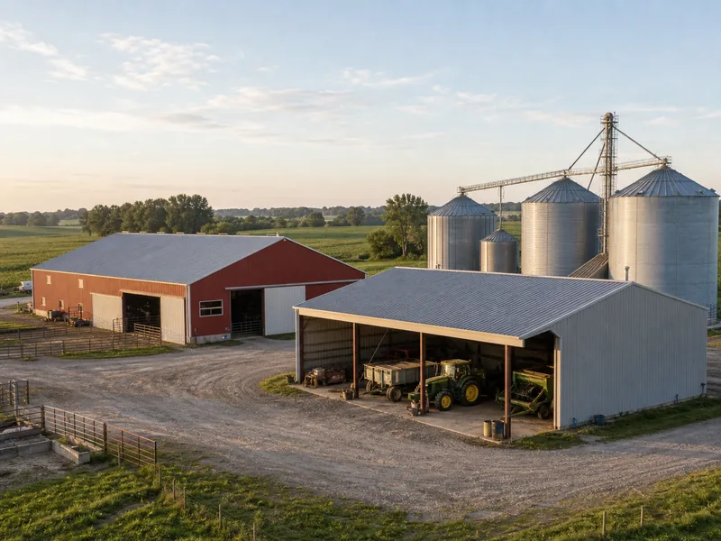 Home 57 Steel-framed barn and equipment sheds on a working farm