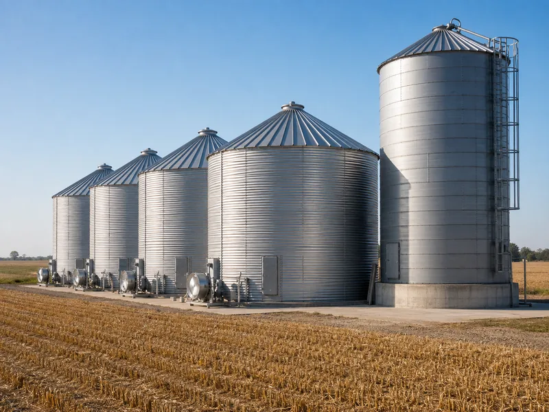 Corrugated steel grain bins and a tall silo beside a harvested farm field