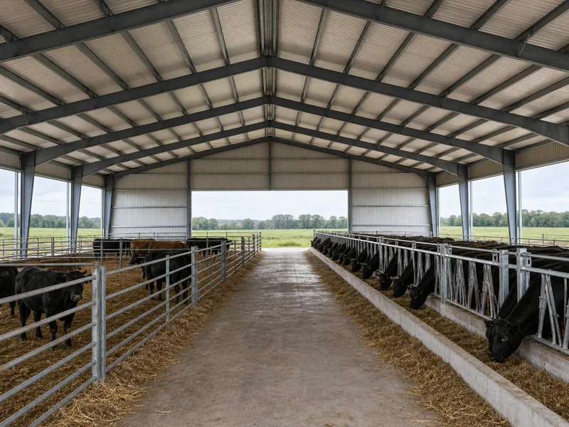 Open steel-framed livestock barn with a column-free interior for cattle pens