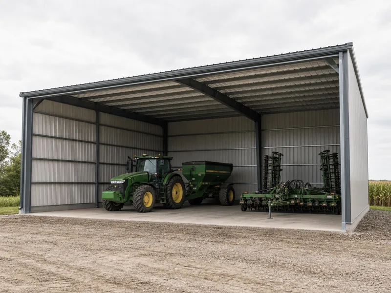 Clear-span machine shed sheltering a tractor and farm equipment