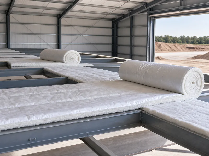 Fiberglass blanket insulation rolled over steel purlins before wall panels go on