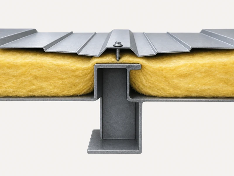 Fiberglass blanket pinched where a metal roof panel meets the purlin, lowering installed R-value