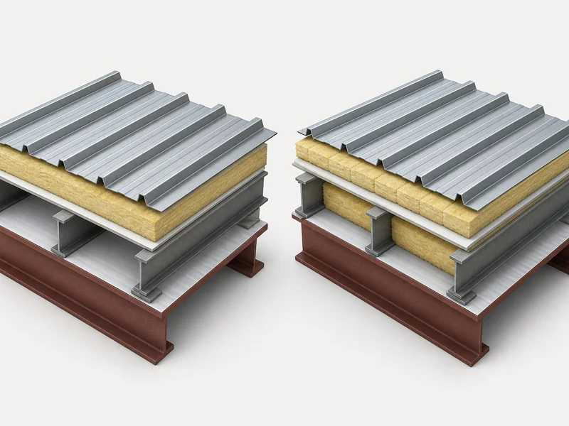 Single-layer and double-layer fiberglass insulation systems in a steel building roof