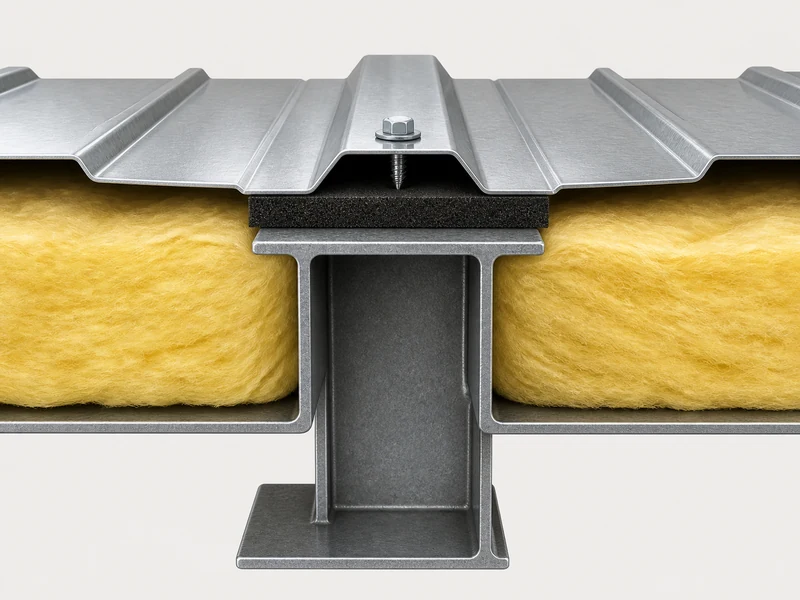 Foam thermal block set between purlin and roof panel to break the steel thermal bridge