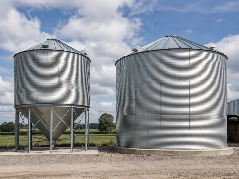 Hopper-bottom grain silos on steel legs beside larger flat-bottom silos