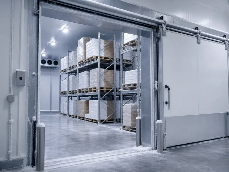 Palletized chilled food on racking inside an insulated cold storage room