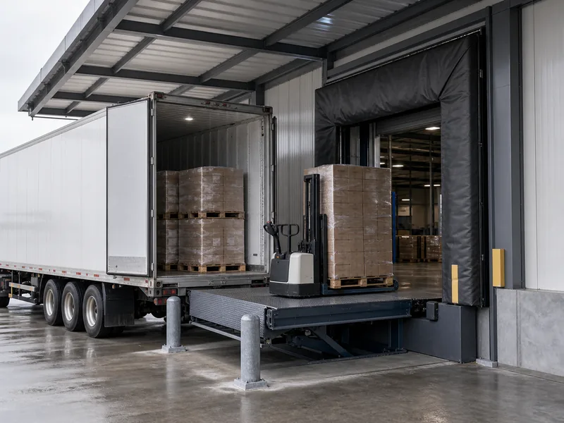 Sheltered loading dock moving palletized food between a truck and cold store