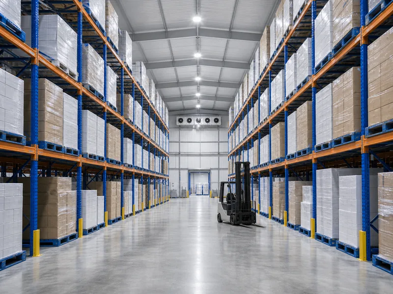 Accueil 57 Pallet racking and a forklift in a clean food warehouse storage aisle