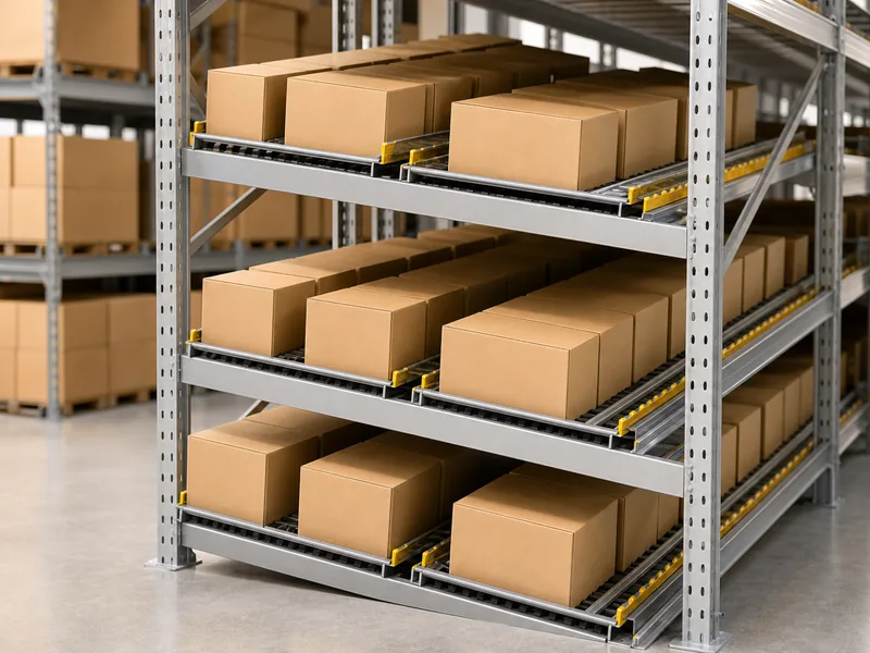 Date-labeled cartons on flow racking arranged for first-expired-first-out picking