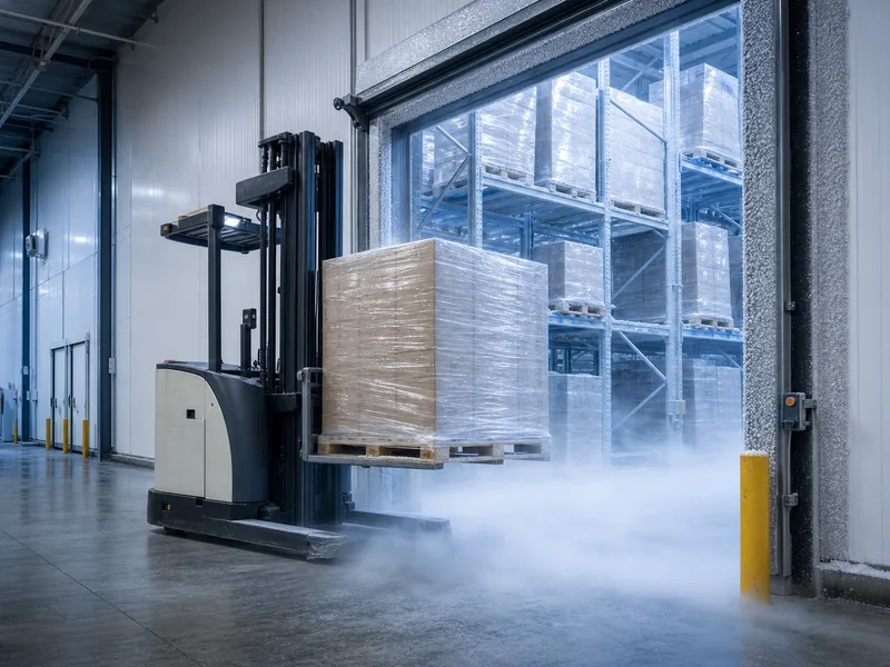 Forklift moving a pallet into a frozen storage room
