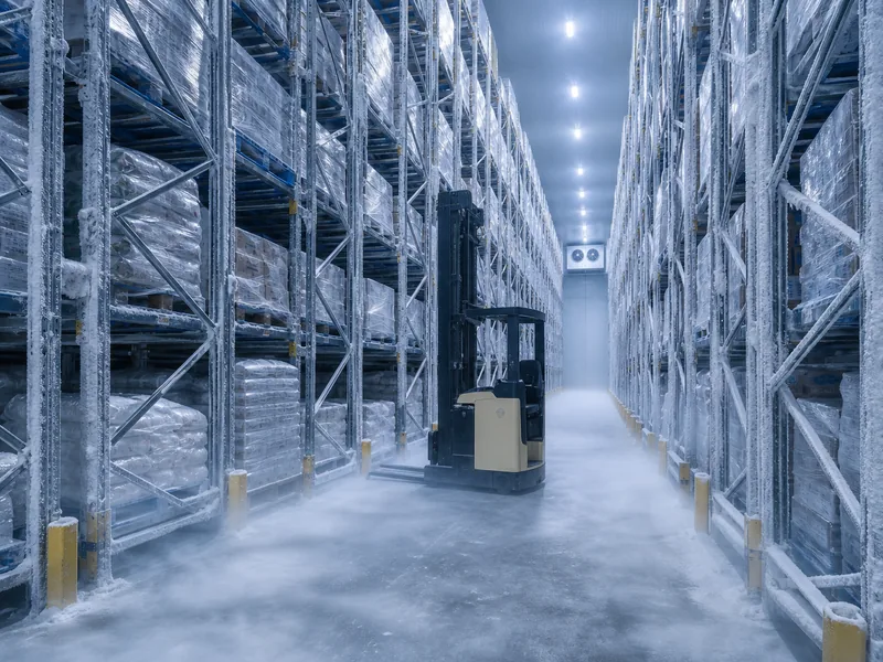 Tall pallet racking aisle in a frozen warehouse with cold fog
