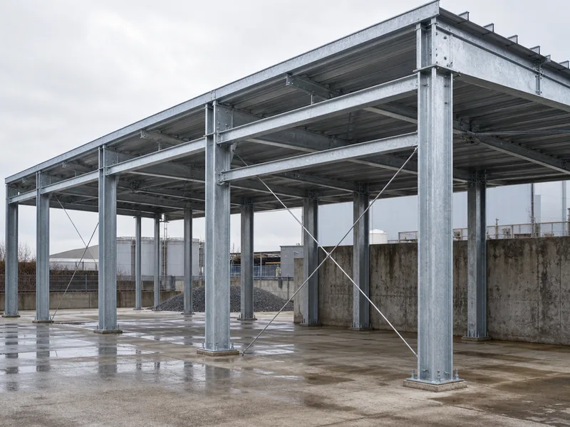 Galvanized steel structure in an outdoor industrial setting resisting corrosion over its service life