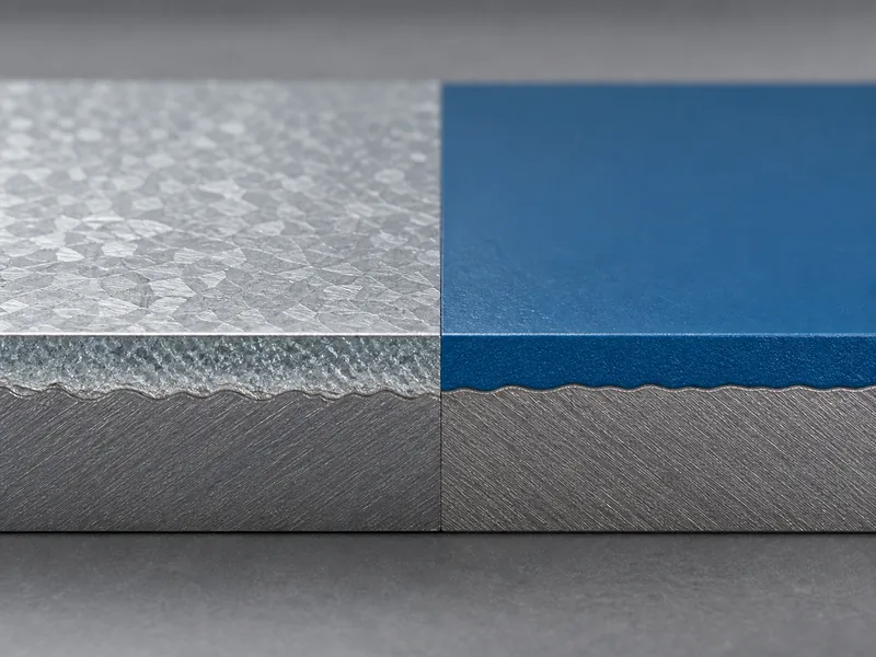 Cross-section comparing galvanizing vs painting steel, the sacrificial zinc layer versus a surface paint film